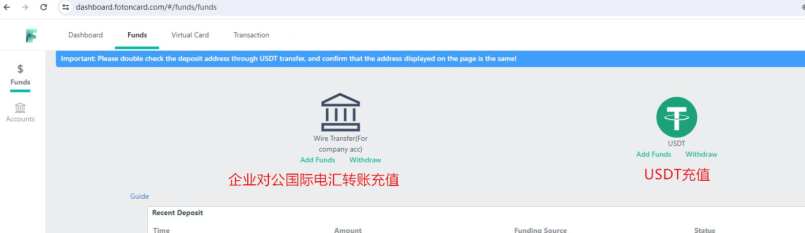 透過USDT或企業美金轉賬，向FotonCard虛擬卡平台充值